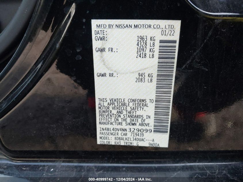 VIN 1N4BL4DV4NN329099 2022 NISSAN ALTIMA no.9