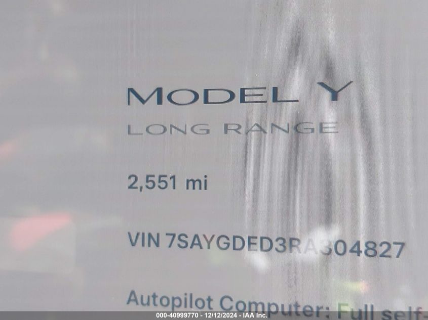 2024 Tesla Model Y Long Range Dual Motor All-Wheel Drive/Rwd VIN: 7SAYGDED3RA304827 Lot: 40999770