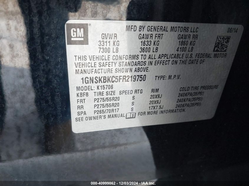 VIN 1GNSKBKC5FR219750 2015 Chevrolet Tahoe, LT no.9