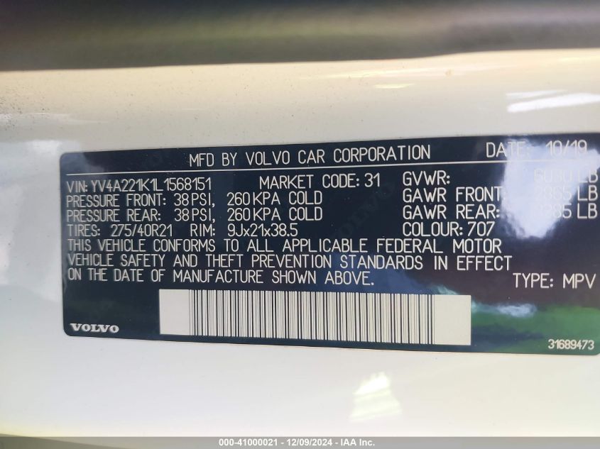 VIN YV4A221K1L1568151 2020 Volvo XC90, T6 Momentum... no.9