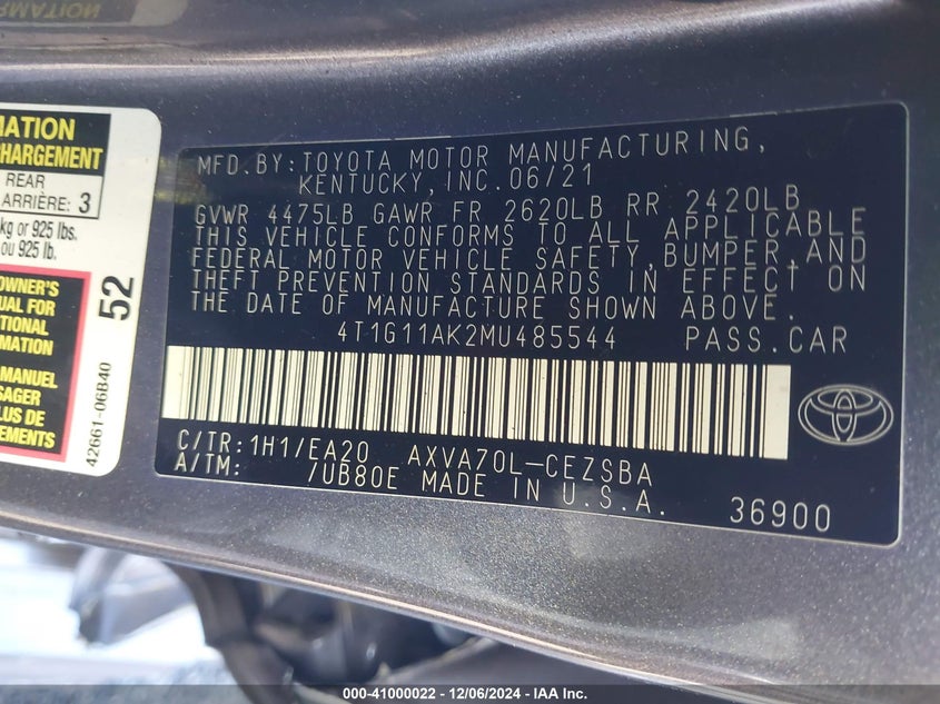 2021 TOYOTA CAMRY VIN: 4T1G11AK2MU485544
