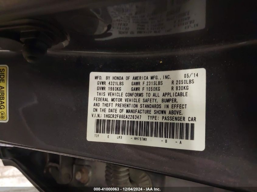 VIN 1HGCR2F86EA226347 2014 Honda Accord, Ex-L no.9