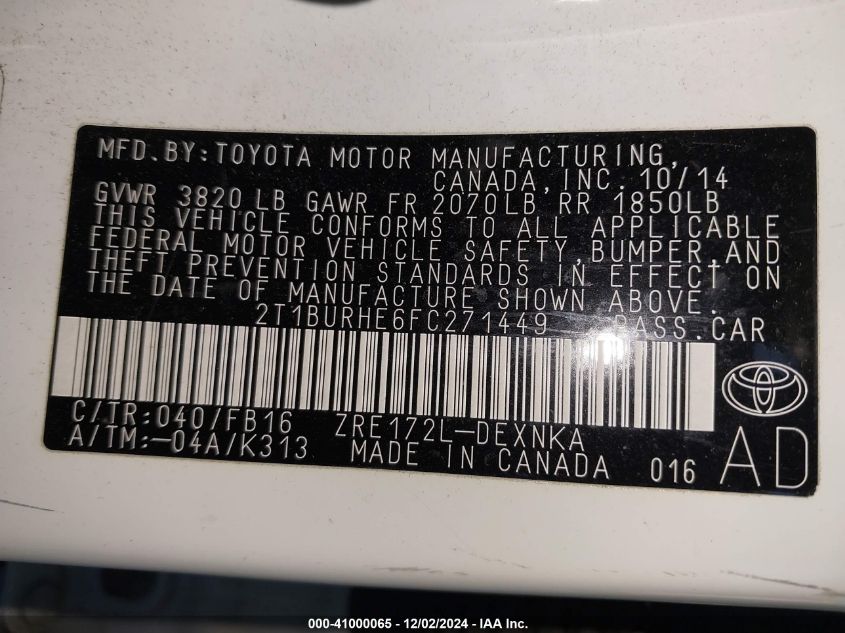 VIN 2T1BURHE6FC271449 2015 Toyota Corolla, Le Plus no.9