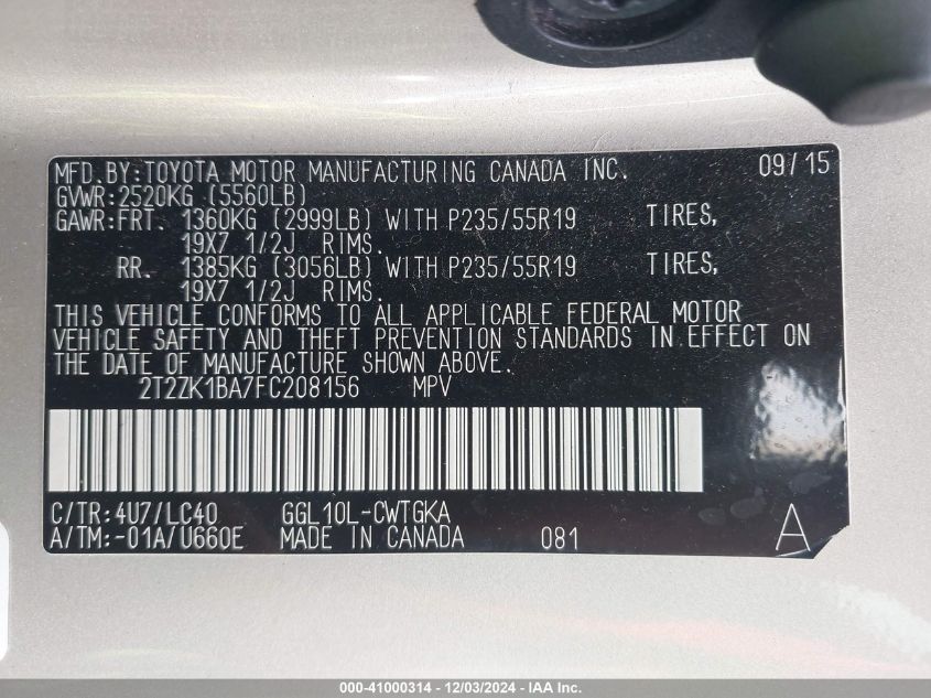 VIN 2T2ZK1BA7FC208156 2015 Lexus RX, 350 no.9