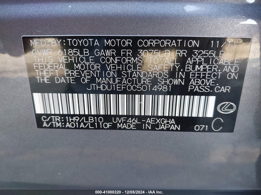 2012 LEXUS LS VIN: JTHDU1EF0C5014981