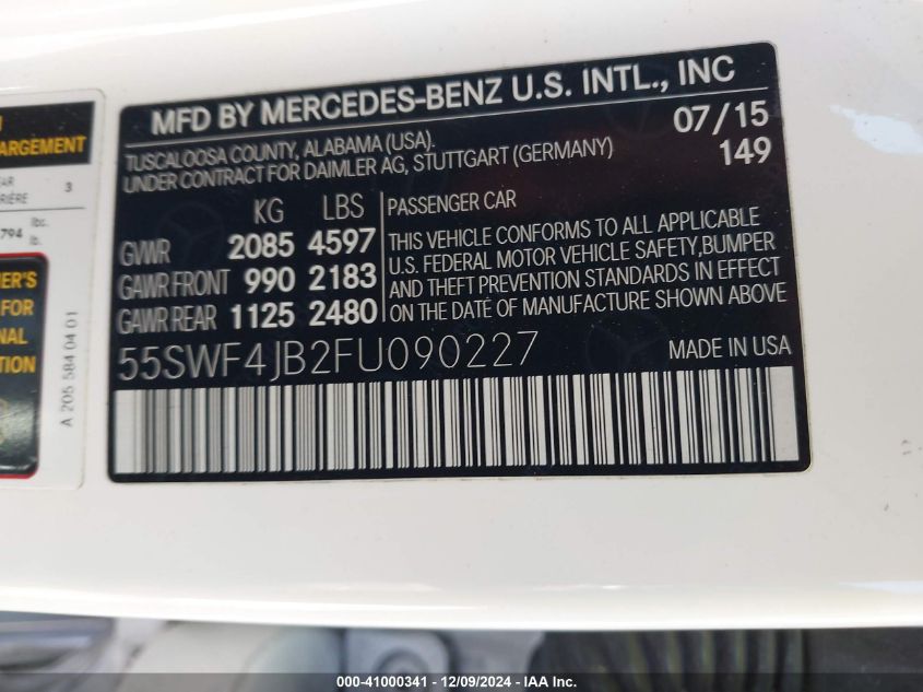 VIN 55SWF4JB2FU090227 2015 Mercedes-Benz C 300, Lux... no.9