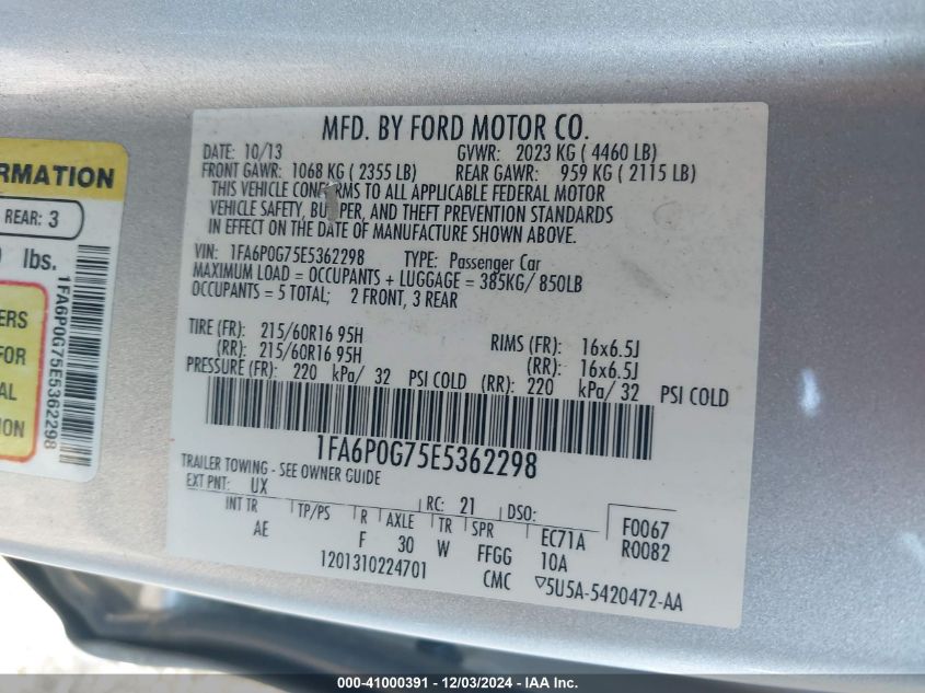 VIN 1FA6P0G75E5362298 2014 FORD FUSION no.9