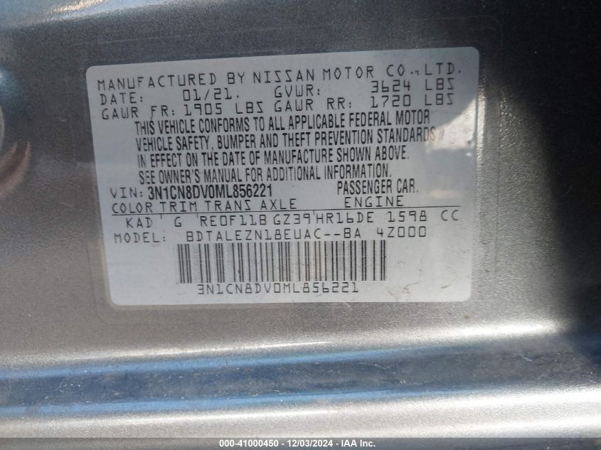 VIN 3N1CN8DV0ML856221 2021 NISSAN VERSA no.9