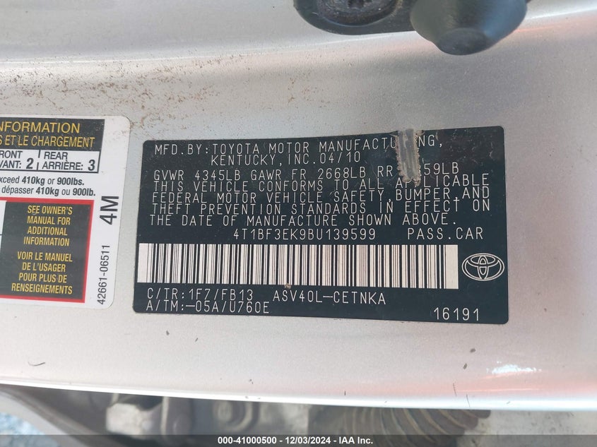 2011 TOYOTA CAMRY VIN: 4T1BF3EK9BU139599