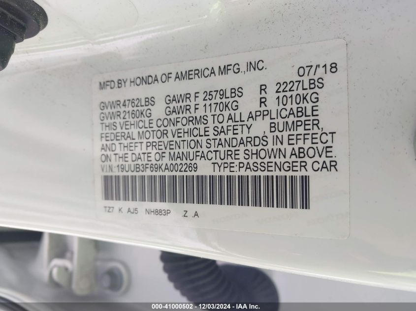 VIN 19UUB3F69KA002269 2019 Acura TLX, Tech   A-Spec... no.9