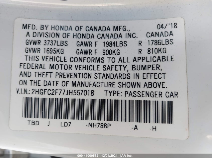 2018 HONDA CIVIC EX - 2HGFC2F77JH557018