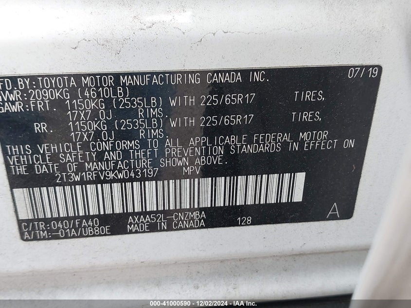 2019 TOYOTA RAV4 XLE - 2T3W1RFV9KW043197