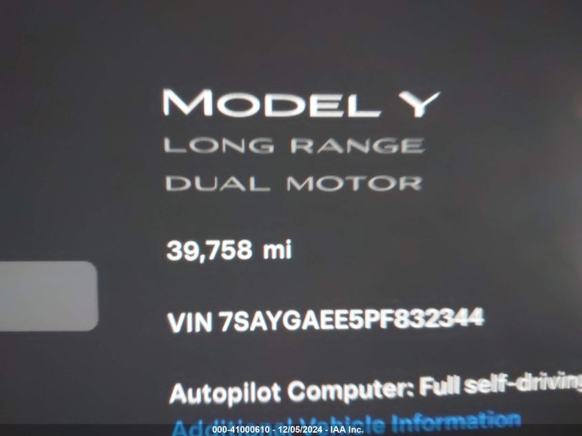 2023 Tesla Model Y Awd/Long Range Dual Motor All-Wheel Drive VIN: 7SAYGAEE5PF832344 Lot: 41000610