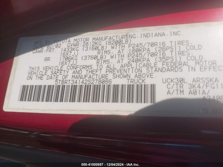 2002 Toyota Tundra Sr5 V8 VIN: 5TBRT34142S278086 Lot: 43433691