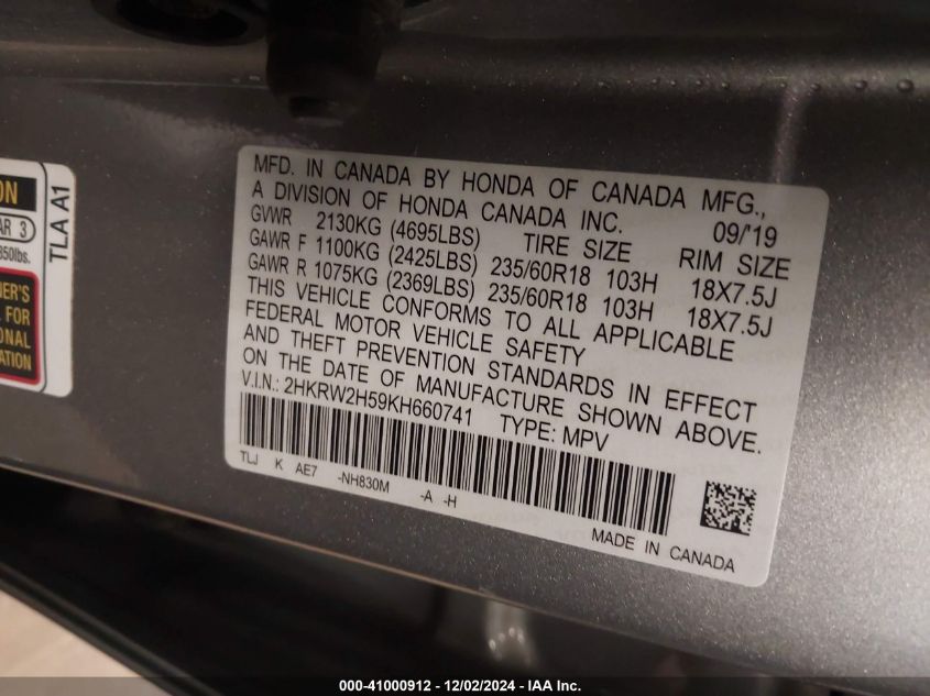 VIN 2HKRW2H59KH660741 2019 Honda CR-V, EX no.9