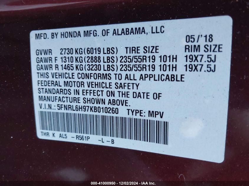 VIN 5FNRL6H97KB010260 2019 Honda Odyssey, Elite no.9