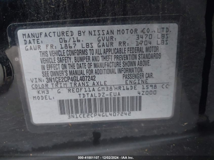 VIN 3N1CE2CP4GL407242 2016 NISSAN VERSA NOTE no.9