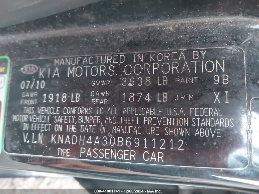 2011 Kia Rio Lx VIN: KNADH4A30B6911212 Lot: 41001141