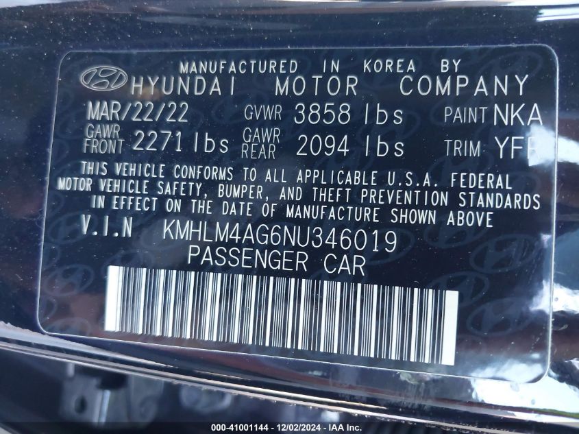 2022 Hyundai Elantra Sel VIN: KMHLM4AG6NU346019 Lot: 41001144