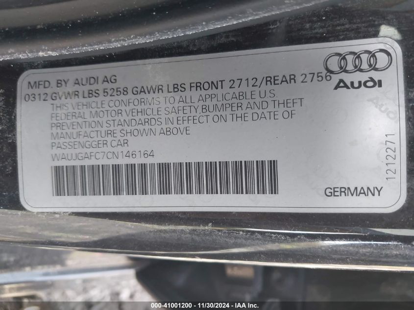 2012 Audi A6 3.0 Premium VIN: WAUJGAFC7CN146164 Lot: 41001200