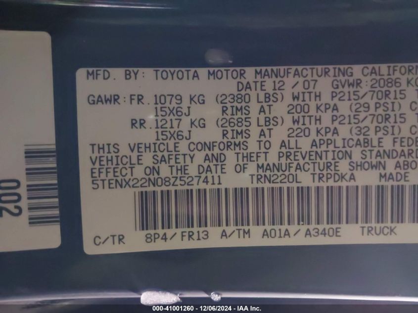 2008 Toyota Tacoma VIN: 5TENX22N08Z527411 Lot: 41001260