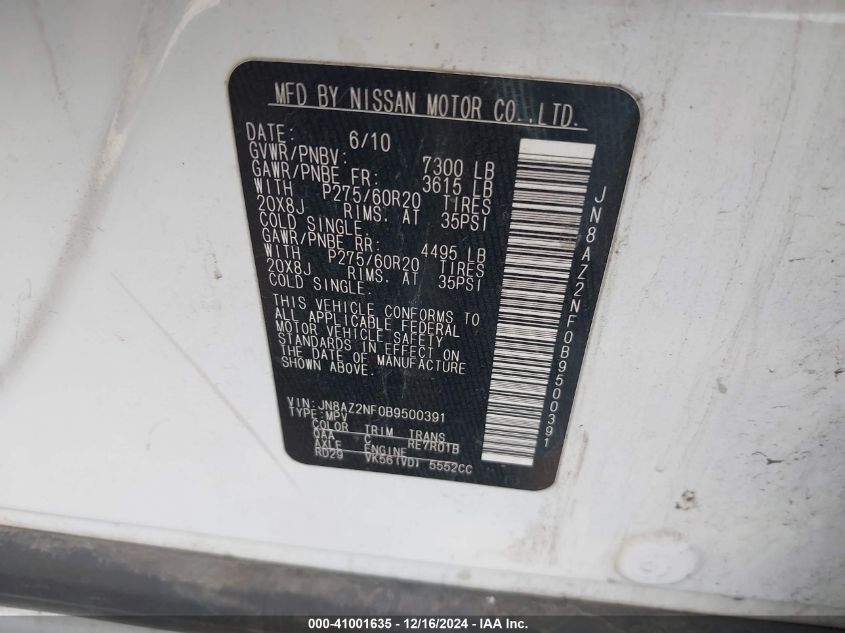 2011 Infiniti Qx56 VIN: JN8AZ2NF0B9500391 Lot: 41001635