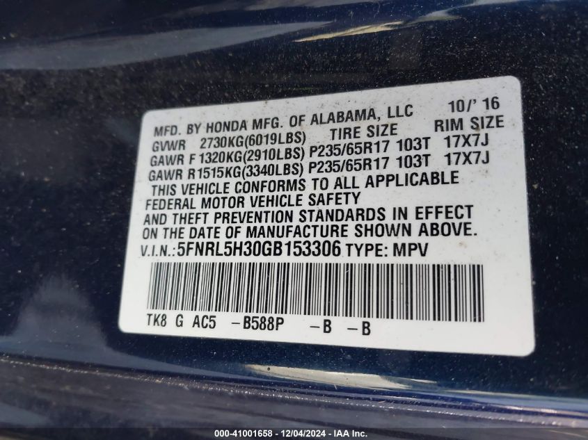 VIN 5FNRL5H30GB153306 2016 HONDA ODYSSEY no.9