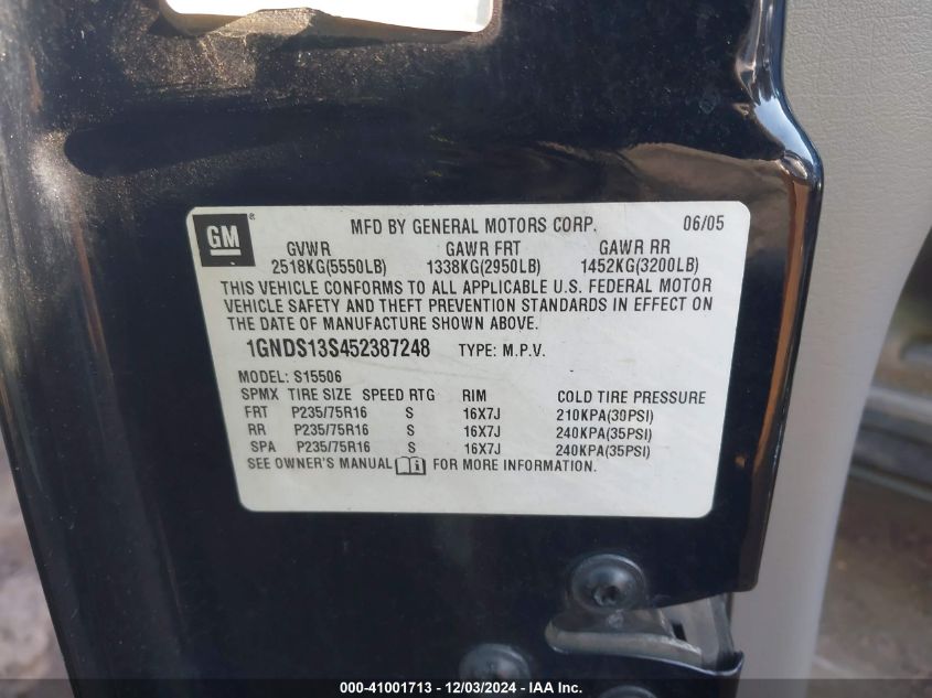 2005 Chevrolet Trailblazer Ls VIN: 1GNDS13S452387248 Lot: 41001713