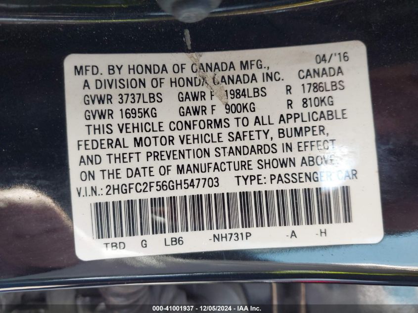 VIN 2HGFC2F56GH547703 2016 Honda Civic, LX no.9