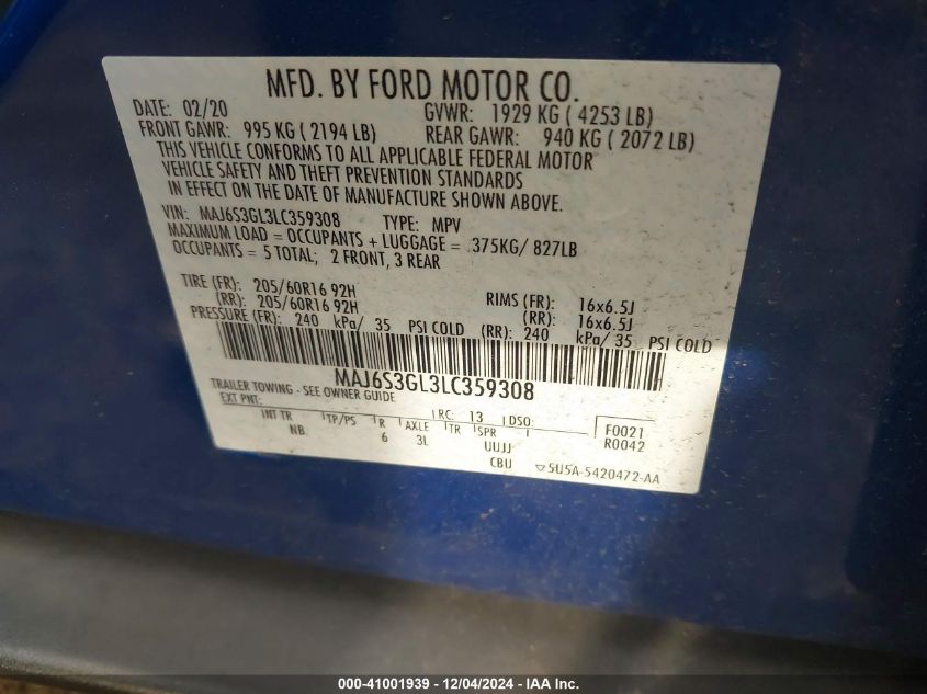 VIN MAJ6S3GL3LC359308 2020 Ford Ecosport, SE no.9