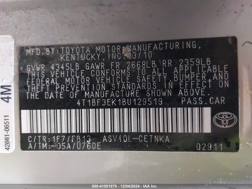 2011 TOYOTA CAMRY VIN: 4T1BF3EK1BU129519