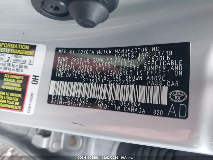2019 TOYOTA COROLLA VIN: 2T1BURHE1KC227305