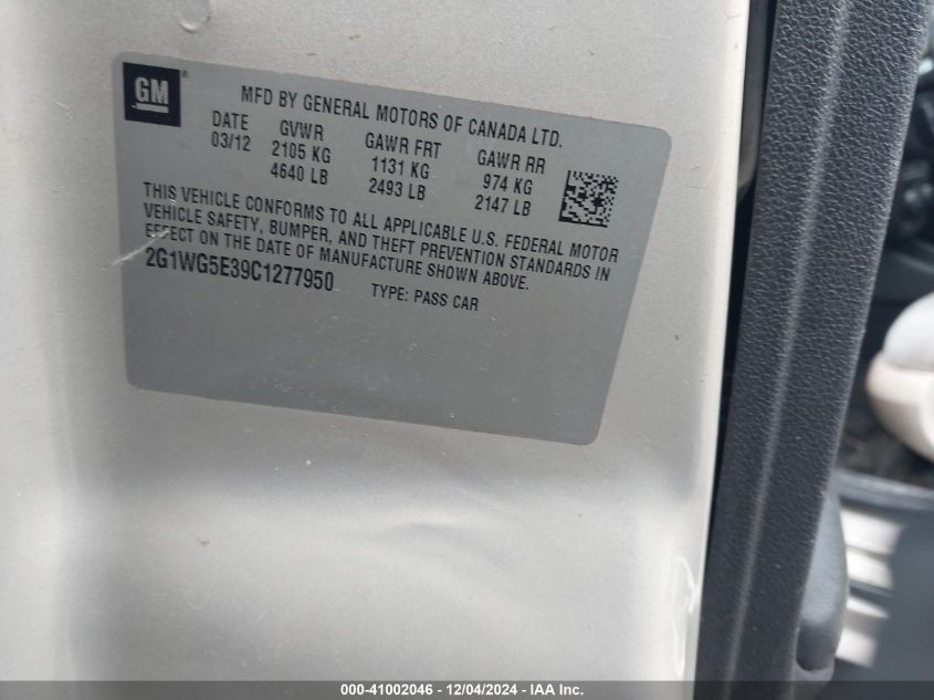 2012 Chevrolet Impala Lt VIN: 2G1WG5E39C1277950 Lot: 41002046