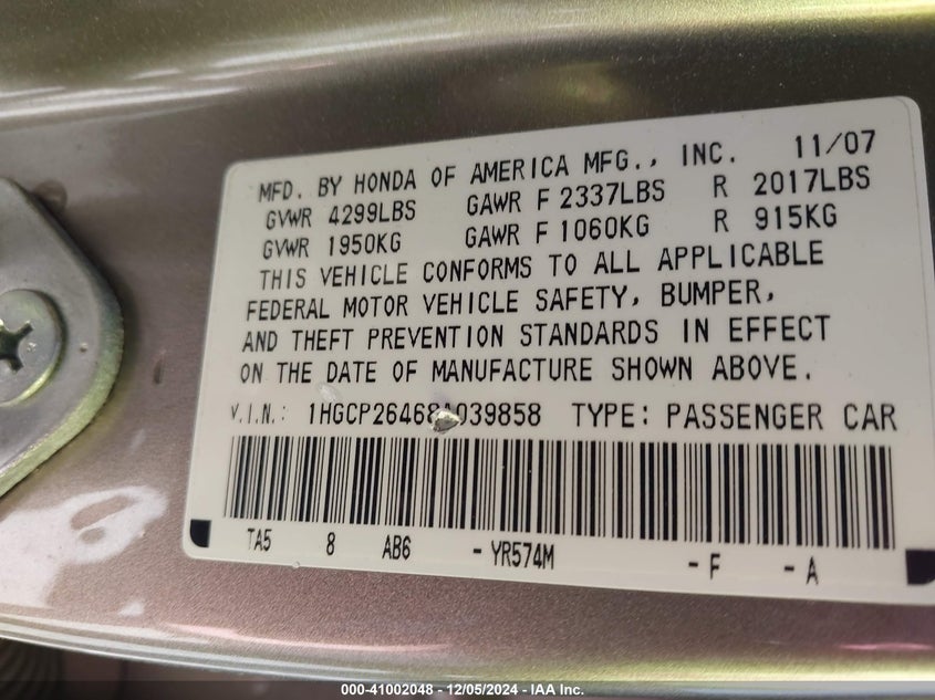 2008 HONDA ACCORD VIN: 1HGCP26468A039858