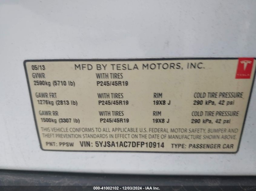 2013 Tesla Model S VIN: 5YJSA1AC7DFP10914 Lot: 41002102