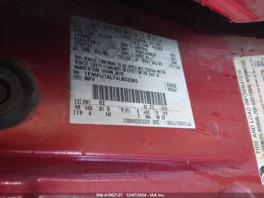 2004 Ford Expedition Eddie Bauer VIN: 1FMFU18L74LB03385 Lot: 41002127