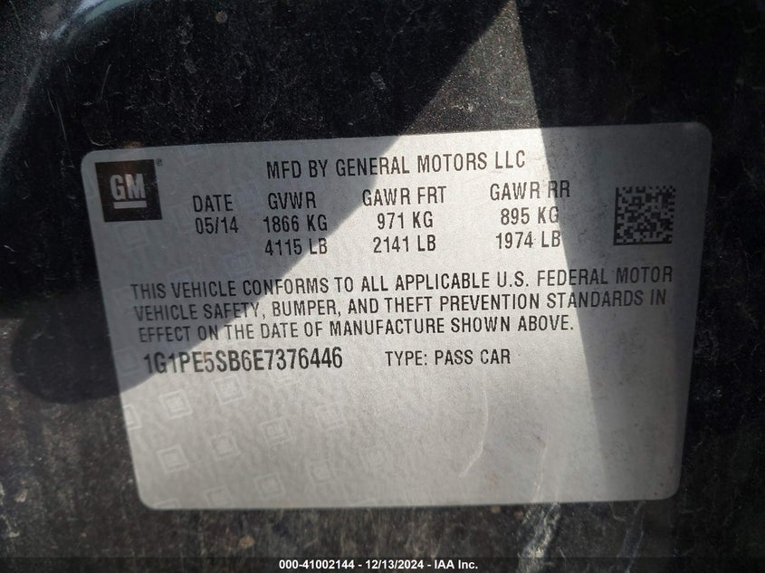 2014 CHEVROLET CRUZE VIN: 1G1PE5SB6E7376446