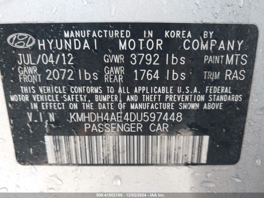 2013 Hyundai Elantra Gls VIN: KMHDH4AE4DU597448 Lot: 41002180