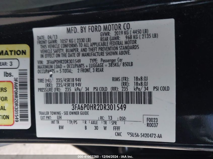 VIN 3FA6P0HR2DR301549 2013 Ford Fusion, SE no.9