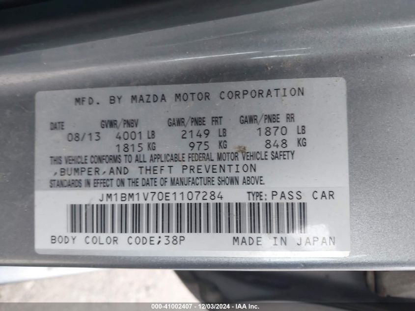 VIN JM1BM1V70E1107284 2014 Mazda 3, I Touring no.9