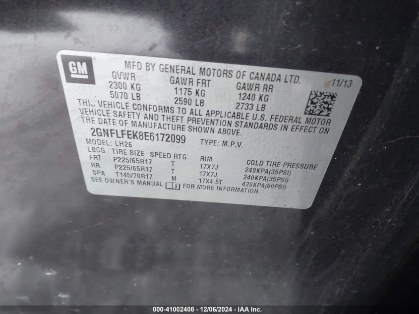 VIN 2GNFLFEK8E6172099 2014 Chevrolet Equinox, 1LT no.9