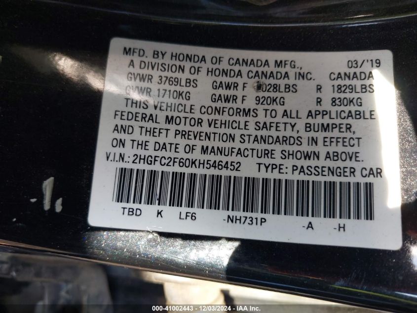 VIN 2HGFC2F60KH546452 2019 HONDA CIVIC no.9