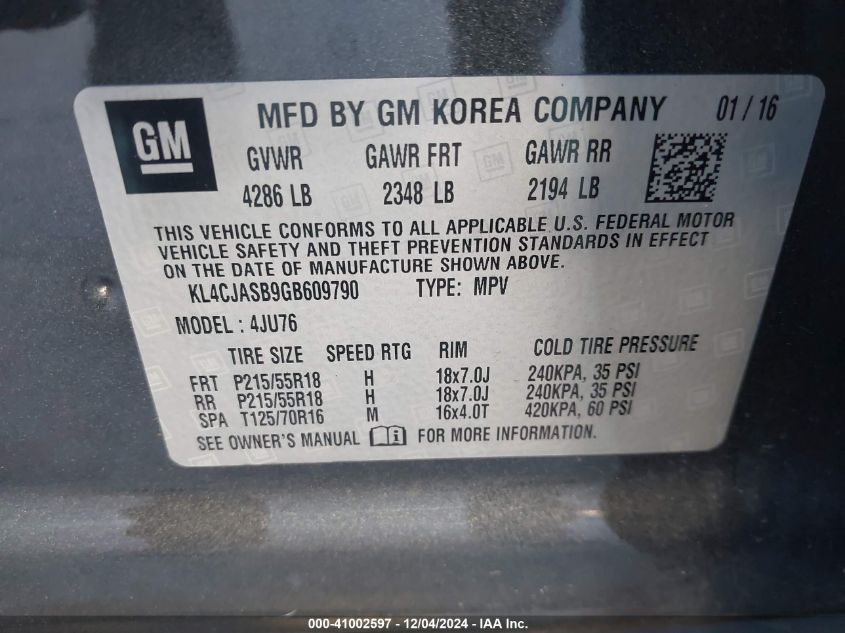 VIN KL4CJASB9GB609790 2016 Buick Encore no.9