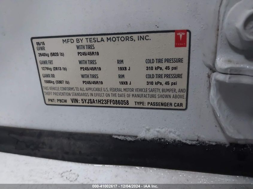 2015 Tesla Model S 70D/85D/P85D VIN: 5YJSA1H23FF086058 Lot: 41002617