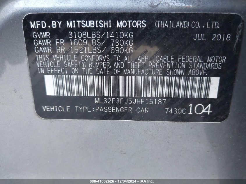 VIN ML32F3FJ5JHF15187 2018 Mitsubishi Mirage, G4 ES no.9