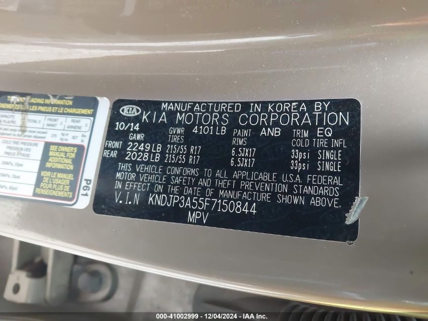 2015 Kia Soul + VIN: KNDJP3A55F7150844 Lot: 41002999