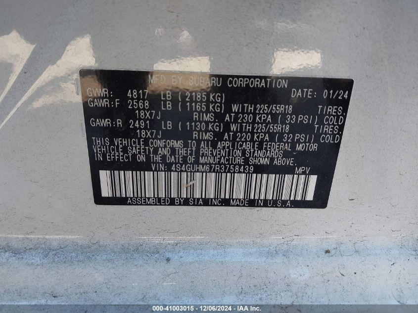 2024 Subaru Crosstrek Limited VIN: 4S4GUHM67R3758439 Lot: 41003015
