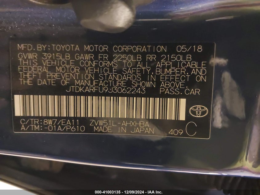 2018 TOYOTA PRIUS VIN: JTDKARFU9J3062243