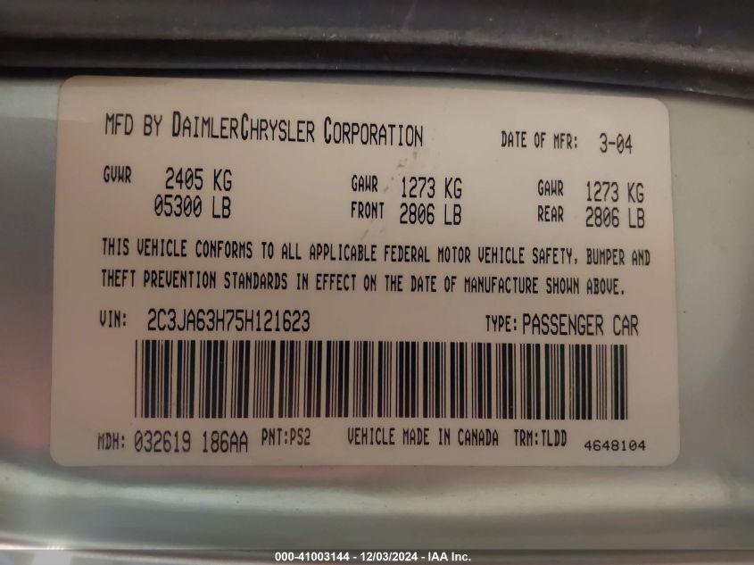 2007 Chrysler 300C VIN: 2C3LK63H17H634505 Lot: 41003144