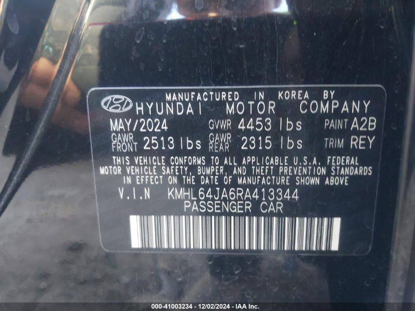 2024 Hyundai Sonata Sel VIN: KMHL64JA6RA413344 Lot: 41003234